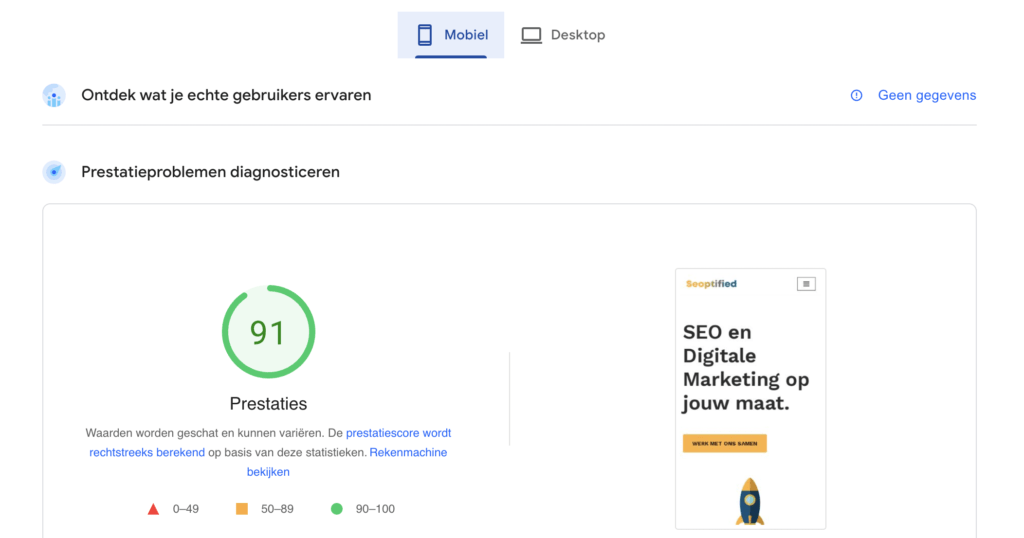 Google page speed insight resultaten voor de mobiele website
